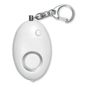 Key ring with logo ALARMY Key ring with logo and mini personal alarm in ABS. Activates when the pin is pulled out. It also has 1 white LED light. 3 AG13 batteries included. Volume alarm:90-100 decibels. Available color: White Dimensions: 6X3.8X2.2 CM Width: 3.8 cm Length: 6 cm Height: 2.2 cm Volume: 0.132 cdm3 Gross Weight: 0.036 kg Net Weight: 0.024 kg Depending on the surface we can use embroidery, engraving, 360° imprint or screen print.