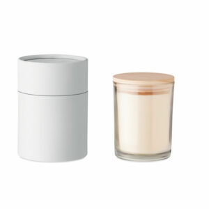 Gadget with logo vanilla candle ANCIENT HIGH Gadget with logo vanilla wax candle in glass with bamboo lid in paper tubegift box. 8 cm diameter. Burn time: 40 hours. Depending on the surface we can use embroidery, engraving, 360° imprint or screen print.