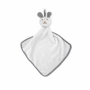 Towel with logo HUG ME. Plush baby towel with logo in velvet polyester. With rabbit design on the top. 180gr/m². We use different printing techniques to add your logo. Depending on the surface we can use embroidery, engraving, 360° imprint or screenprint.