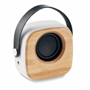 Audio gadget with logo Bluetooth speaker OHIO SOUND Audio gadget with logo, Bluetooth speaker 5.0 in ABS with bamboo front and PU strap. 1 Rechargeable Li-ION 500 mAh battery. Output data: 3W and 4 Ohm. Playing time approx. 4 hours. Available color: White Dimensions: 7.5X7X3.4 CM Width: 7 cm Length: 7.5 cm Height: 3.4 cm Volume: 0.463 cdm3 Gross Weight: 0.123 kg Net Weight: 0.086 kg Depending on the surface we can use embroidery, engraving, 360° imprint or screen print.