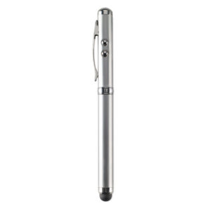 Pen with logo TRIOLUX Pen with logo, laser pointer in metal. White LED light, red laser pointer and soft touch tip. Includes 3 button cell batteries. Delivered in metal tin box. Available color: Matt Silver Dimensions: 18X3.9X2.2 CM Width: 3.9 cm Length: 18 cm Height: 2.2 cm Volume: 0.202 cdm3 Gross Weight: 0.076 kg Net Weight: 0.058 kg Depending on the surface we can use embroidery, engraving, 360° imprint or screen print.