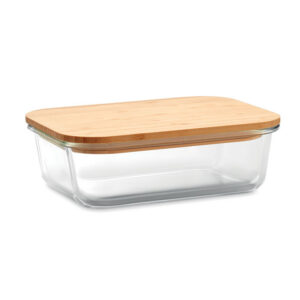 Lunchbox with logo TUNDRA Lunchbox with logo in glass with bamboo lid and silicone band. Capacity 900 ml. Bamboo is a natural product, there may be slight variations in colour and size per item,                                                                                                                                                                                            which can affect the final decoration outcome. Depending on the surface we can use embroidery, engraving, 360° imprint or screen print.