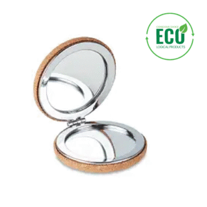 Gadget with logo mirror GUAPA Pocket mirror gadget with logo and cork finish cover. Rounded double sided compact mirror Cork is a natural material. Due to its structural nature and surface porosity the final print result per item may have deviations. Depending on the surface we can use embroidery, engraving, 360° imprint or screenprint.