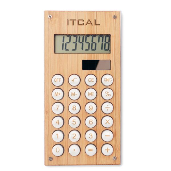 Gadget with logo Calculator 8 digit CALCUBAM Gadget with logo 8 digit calculator dual power in ABS with bamboo case. 1 cell battery (LR1131) included. Depending on the surface we can use embroidery, engraving, 360° imprint or screen print.