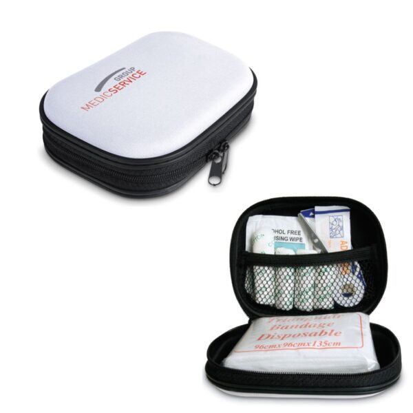 Gadget with logo first aid kit EVA Gadget with logo first aid kit in EVA material. Includes 1 pair of scissors, 3 pad bandages, 1 triangular bandage, 1 roll of cotton, 2 cleaning tissues,                                                                                                                                                                         5 adhesive bandages, 1 roll of tape and 6 cotton buds. Depending on the surface we can use embroidery, engraving, 360° imprint or screen print.