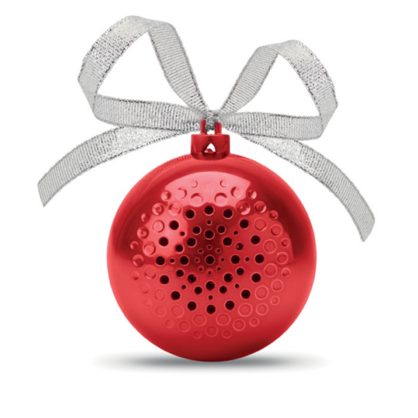Christmas gadget with logo Speaker JINGLE BALL 5.0 wireless christmas bauble speaker in ABS. Easy connection with any wireless enabled device. Rechargeable Li-ion 300mAh battery. Includes USB charging cable. Output data: 3W and 4 Ohm. Operating range: 10 m. Available color: Red Dimensions: Ø7 CM Diameter: 7 cm Volume: 0.768 cdm3 Gross Weight: 0.166 kg Net Weight: 0.122 kg Magnus Business Gifts is your partner for merchandising, gadgets or unique business gifts since 1967. Certified with Ecovadis gold!
