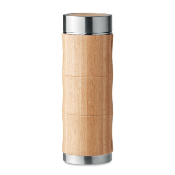 Water bottle with logo BRANCA Double wall vacuum insulated stainless steel water bottle with logo with a bamboo cover and additional tea infuser. Capacity 350 ml. Leak free. The bamboo cover gives the bottle a nice natural look that will make it stand out from all the other bottles. Bamboo is a natural product, there may be slight variations in colour and size per item, which can affect the final decoration outcome. Available color: Wood Dimensions: Ø6.5X20CM Height: 20 cm Diameter: 6.5 cm Volume: 1.36 cdm3 Gross Weight: 0.33 kg Net Weight: 0.323 kg Magnus Business Gifts is your partner for merchandising, gadgets or unique business gifts since 1967. Certified with Ecovadis gold!