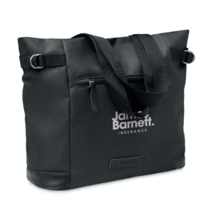 Gadget with logo bag DAEGU BAG 600D 2 tone RPET shopping bag with logo with zippered front and inside pocket with magnetic button closure. Take this bag with you for daily grocery shopping or other shopping activities. The zippered pockets in the front and inside can be used to store smaller items or personal belongings such. The bag can be closed thanks to the easy to use magnetic closure. This tote bag is made from recycled PET plastic. Available color: Black Dimensions: 38X15X35CM Width: 15 cm Length: 38 cm Height: 35 cm Volume: 2.2 cdm3 Gross Weight: 0.35 kg Net Weight: 0.287 kg Magnus Business Gifts is your partner for merchandising, gadgets or unique business gifts since 1967. Certified with Ecovadis gold!