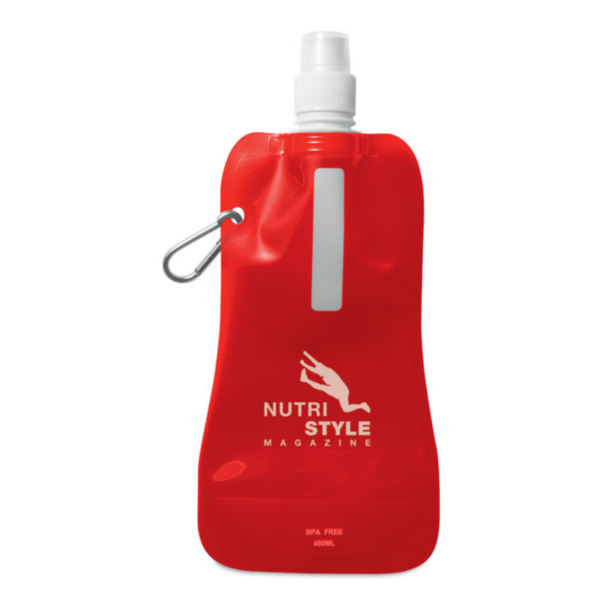 Water bottle with logo GATES Foldable water bottle with logo in PET which is BPA free with aluminium carabiner. Capacity 480 ml. Leak free. Available color: Transparent Red, Transparent Green, Transparent Blue, Black, Transparent Orange, White Dimensions: 12X26CM Width: 26 cm Length: 12 cm Volume: 0.232 cdm3 Gross Weight: 0.032 kg Net Weight: 0.024 kg Magnus Business Gifts is your partner for merchandising, gadgets or unique business gifts since 1967. Certified with Ecovadis gold!