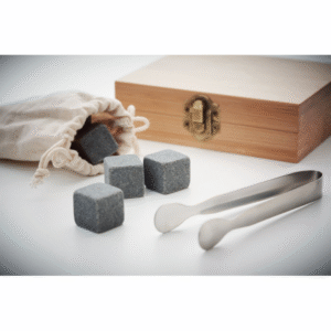Ice cubes Gift box with logo DUNDALK Reusable stone set in bamboo gift box. Includes 9 reusable stone ice cubes with storage cotton pouch and tongs. Bamboo is a natural product, there may be slight variations in colour and size per item, which can affect the final decoration outcome. Magnus Business Gifts is your partner for merchandising, gadgets or unique business gifts since 1967. Certified with Ecovadis gold!
