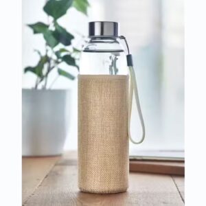 UTAH TOUCH Water bottle with logo Water bottle with logo in glass with neoprene style and jute mixed material pouch. Capacity: 500 ml. Not suitable for carbonated drinks. Leak free. We use different printing techniques to add your logo. Depending on the surface we can use embroidery, engraving, 360° imprint or screenprint.