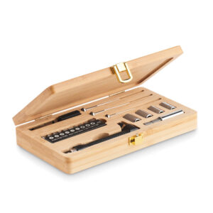 Gadget with logo Toolkit GALLAWAY Handy 21 pieces tool set with logo presented in a natural looking bamboo case. It contains 3 screwdrivers, 10 bits in holder, 3 slotted sizes, 3 Torx sizes and 1 adapter, 4 sockets , 1pc cutter, 1 handle and 1 connector. Bamboo is a natural product, there may be slight variations in colour and size per item, which can affect the final decoration outcome. Available color: Wood Dimensions: 19,5X11,8X3CM Width: 11.8 cm Length: 19.5 cm Height: 3 cm Volume: 1.2 cdm3 Gross Weight: 0.7 kg Net Weight: 0.62 kg Magnus Business Gifts is your partner for merchandising, gadgets or unique business gifts since 1967. Certified with Ecovadis gold!