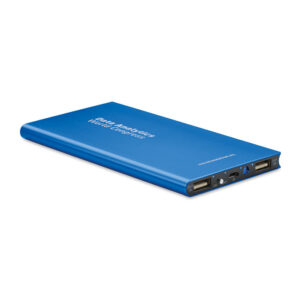 Powerbank with logo POWERFLAT8 Powerbank with logo with 8000 mAh in aluminium case. Capacity for smartphone use, output current DC5V/1A and DC5V/2A . Includes indicating light and USB cable with micro USB plug. Available colors: Royal Blue, Black, Red, Matt Silver, Titanium Dimensions: 15X7,5X0,9 CM Width: 7.5 cm Length: 15 cm Height: 0.9 cm Volume: 0.5 cdm3 Gross Weight: 0.25 kg Net Weight: 0.221 kg Depending on the surface we can use embroidery, engraving, 360° imprint or screen print.