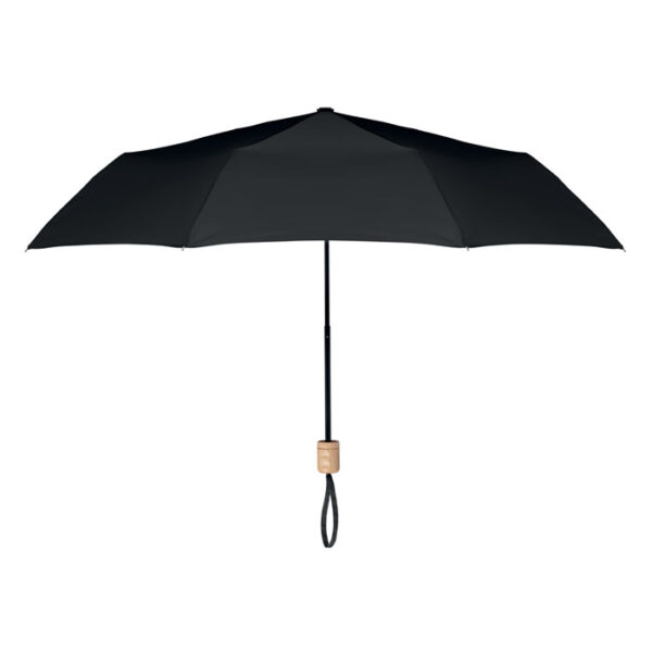 Gadget with logo umbrella TRALEE Gadget with logo foldable 21 inch umbrella, 3 sections with 190T RPET pongee fabric, black plated frame and ribs with wooden handle. Manual open and closure. Self material pouch. Available colors: Grey, Black, Blue, White, Royal Blue Dimensions: Ø99X51CM Height: 51 cm Diameter: 99 cm Volume: 0.695 cdm3 Gross Weight: 0.331 kg Net Weight: 0.305 kg Depending on the surface we can use embroidery, engraving, 360° imprint or screen print.