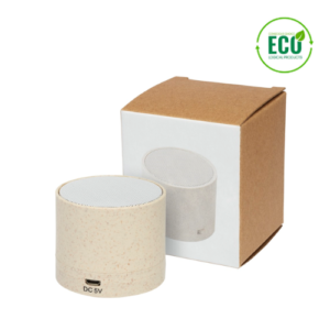 Audio gadget with logo Bluetooth speaker Kikai Audio gadget with logo, Bluetooth speaker case made of wheat straw and plastic material mixed together, reducing the amount of plastic needed. The speaker produces crystal clear sound at over 1.5 hours playback time at maximum volume with 3W output. Bluetooth® 5.0. Available color: Beige Depending on the surface we can use embroidery, engraving, 360° imprint or screen print.
