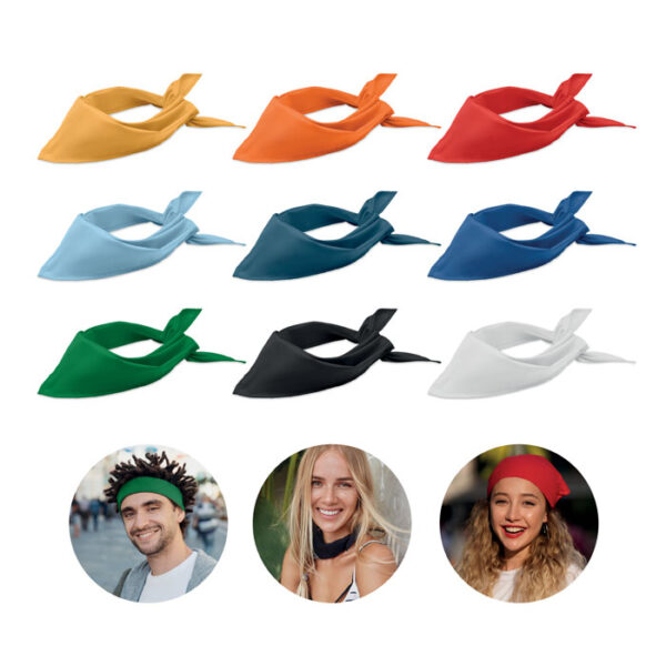 Kids bandana with logo Multi functional triangular kids bandana with logo made of poly cotton (90% polyester 10% cotton). Available colors: Black, red, white, yellow, green, orange, dark blue, light blue, purple.