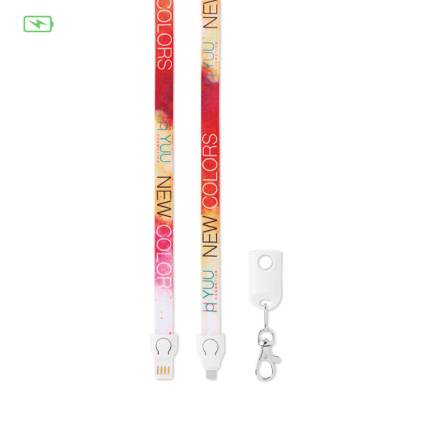 MC1004 Charging cable lanyard with logo 2 in 1 Charging cable lanyard with logo USB-A to Micro-B (2-pin). Only for charging, not for data-transfer. A full colour sublimation design on both sides is included. Material: polyester + plastic. Individually poly bagged. Available in 3 different lengths: 12cm, 20cm, 90cm. We use different printing techniques to add your logo. Depending on the surface we can use embroidery, engraving, 360° imprint or screenprint.