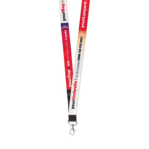 5104 Lanyard with logo 5104 Lanyard with logo made in the EU in fine polyester with metal karabinier. Ca. 90cm. Ribbons are printed in full colour sublimation and printed on one or two sides. The lanyard is cut to size after printing and the positioning of the logo on the reverse of the item may be different per lanyard. It is therefore recommended to use repeated, non-positioned designs for the reverse side. We use different printing techniques to add your logo. Depending on the surface we can use embroidery, engraving, 360° imprint or screenprint.