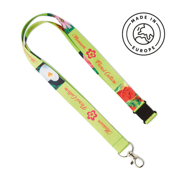 Lanyard with logo 5104 Lanyard with logo made in the EU in fine polyester with metal karabinier. Ca. 90cm. Ribbons are printed in full colour sublimation and printed on one or two sides. The lanyard is cut to size after printing and the positioning of the logo on the reverse of the item may be different per lanyard. It is therefore recommended to use repeated, non-positioned designs for the reverse side. We use different printing techniques to add your logo. Depending on the surface we can use embroidery, engraving, 360° imprint or screenprint.