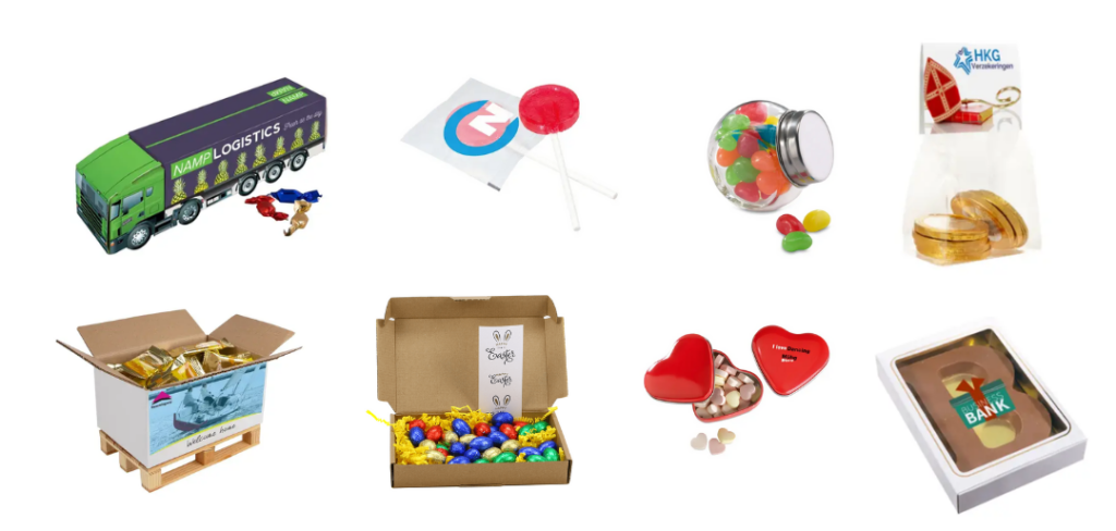 Gift boxes with Chocolats & Sweets CHOCOLATES AND SWEETS IN YOUR BRANDING Custom logo sweets are a fun and delicious way to reward your employees or promote your business. They can help to create a positive impression and strengthen relationships with clients and employees alike. If you are looking for a gift that will never seem off the normal present list you can always go with chocolates. Whatever the occasion, whoever you want to treat and whatever you want to say, we’re here to help you find the perfect personalized gift, printed with your logo and text. Ask our team now what you can do with your budget. Personalized chocolates and sweets are a great way to add a personal touch to your business giveaways or employee rewards at Easter and the end of the year. Here are some ideas for chocolates and sweets that can be personalized with your logo and text: Chocolate bars: Personalized chocolate bars with your logo and a message are a classic and delicious gift that will be appreciated by everyone. You can choose from different types of chocolate and customize the wrapper to suit your branding. Candy bags: Personalized candy bags filled with jelly beans, gummies, or other colorful sweets can be a fun and playful gift that is sure to put a smile on your employee’s faces. You can customize the bag with your logo and a festive message. Chocolate truffles: Luxurious and indulgent chocolate truffles can make a sophisticated gift for clients or top-performing employees. You can personalize the packaging with your logo and a message of appreciation. Cookies: Personalized cookies with your logo or a special message can be a fun and creative gift that everyone will enjoy. You can choose from different shapes and flavors and customize the packaging to suit your branding. Marshmallows: Personalized marshmallows with your logo or a special message can make a unique and memorable gift. You can choose from different flavors and customize the packaging with a festive design. When designing the packaging for your personalized chocolates and sweets, make sure to include your logo and any important messaging that you want to convey. Choose colors and designs that are in line with your branding and the occasion, whether it be Easter or the end of the year. Magnus Business Gifts is your partner for merchandising, gadgets or unique business gifts to match your company, school or sports organisation.