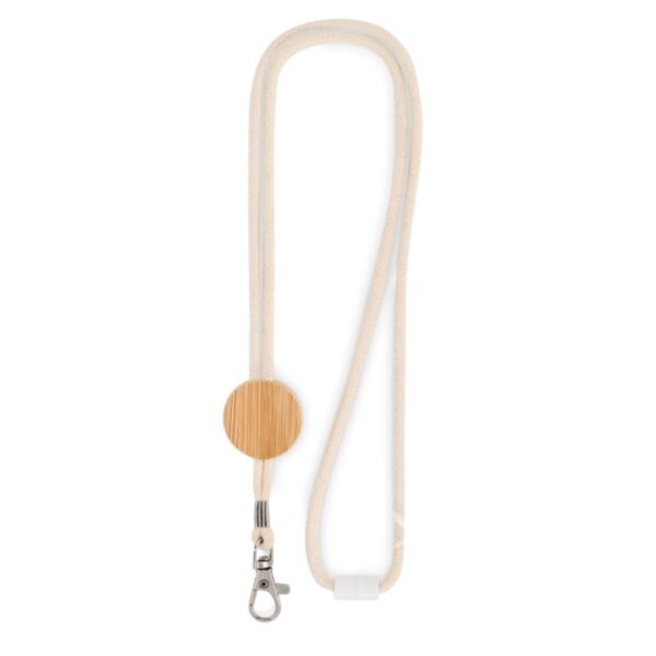 Cotton cord lanyard with bamboo Cotton cord lanyard with round bamboo detail, metal hook and safety breakaway. Length: 50 cm. Bamboo is a natural product, there may be slight variations in colour and size per item. Magnus Business Gifts is your partner for merchandising, gadgets or unique business gifts since 1967. Certified with Ecovadis gold!