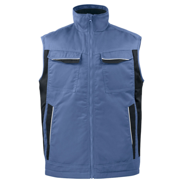 Projob Bodywarmer with logo Padded vest with zipper up to collar at front, with internal windflap and chin guard to prevent wind draft and chafing. Fleece lining in collar for increased comfort. Breast pockets on both sides, on the left side internal bracket for ID-card holder. Side pockets with zippers. Spacious inner pockets, also one phone pocket with Velcro closure. Extended back. Reflective piping at back and on front pockets. Lining can be opened to facilitate printing and embroidery. Available color: Skyblue, Blue, Red, Forest green, Khaki, Grey, Black Material: 65% polyester, 35% cotton 245 g/m2 Lining: 100% polyester Magnus Business Gifts is your partner for merchandising, gadgets or unique business gifts since 1967. Certified with Ecovadis gold!