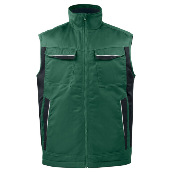 Projob Bodywarmer with logo Padded vest with zipper up to collar at front, with internal windflap and chin guard to prevent wind draft and chafing. Fleece lining in collar for increased comfort. Breast pockets on both sides, on the left side internal bracket for ID-card holder. Side pockets with zippers. Spacious inner pockets, also one phone pocket with Velcro closure. Extended back. Reflective piping at back and on front pockets. Lining can be opened to facilitate printing and embroidery. Available color: Skyblue, Blue, Red, Forest green, Khaki, Grey, Black Material: 65% polyester, 35% cotton 245 g/m2 Lining: 100% polyester Magnus Business Gifts is your partner for merchandising, gadgets or unique business gifts since 1967. Certified with Ecovadis gold!