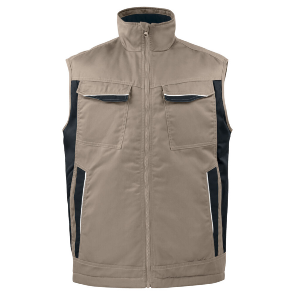 Projob Bodywarmer with logo Padded vest with zipper up to collar at front, with internal windflap and chin guard to prevent wind draft and chafing. Fleece lining in collar for increased comfort. Breast pockets on both sides, on the left side internal bracket for ID-card holder. Side pockets with zippers. Spacious inner pockets, also one phone pocket with Velcro closure. Extended back. Reflective piping at back and on front pockets. Lining can be opened to facilitate printing and embroidery. Available color: Skyblue, Blue, Red, Forest green, Khaki, Grey, Black Material: 65% polyester, 35% cotton 245 g/m2 Lining: 100% polyester Magnus Business Gifts is your partner for merchandising, gadgets or unique business gifts since 1967. Certified with Ecovadis gold!