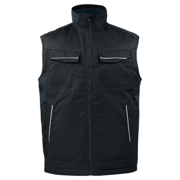 Projob Bodywarmer with logo Padded vest with zipper up to collar at front, with internal windflap and chin guard to prevent wind draft and chafing. Fleece lining in collar for increased comfort. Breast pockets on both sides, on the left side internal bracket for ID-card holder. Side pockets with zippers. Spacious inner pockets, also one phone pocket with Velcro closure. Extended back. Reflective piping at back and on front pockets. Lining can be opened to facilitate printing and embroidery. Available color: Skyblue, Blue, Red, Forest green, Khaki, Grey, Black Material: 65% polyester, 35% cotton 245 g/m2 Lining: 100% polyester Magnus Business Gifts is your partner for merchandising, gadgets or unique business gifts since 1967. Certified with Ecovadis gold!