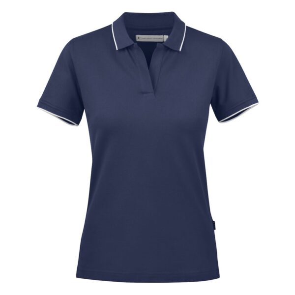 Golf Polo with logo Greenville Ladies Introducing our stylish and comfortable women's polo shirt, designed to enhance your performance on the golf course while keeping you looking and feeling your best. Crafted from high-quality materials and featuring thoughtful design details, this polo shirt is the perfect addition to any golfer's wardrobe. Our polo shirt is tailored for both style and comfort, with a classic white stripe at the collar and sleeves adding a touch of sophistication to the design. Made from a comfortable stretch material in Lacoste knit, it offers freedom of movement and flexibility, allowing you to swing with ease and confidence. The enzyme-washed finish gives the polo shirt a soft and luxurious feel, while the short placket and absence of buttons add a modern and streamlined look. The grey stripe on white polo shirts adds a subtle contrast, creating a timeless and elegant aesthetic that is sure to turn heads on the course. Magnus Business Gifts is your partner for merchandising, gadgets or unique business gifts since 1967. Certified with Ecovadis gold!