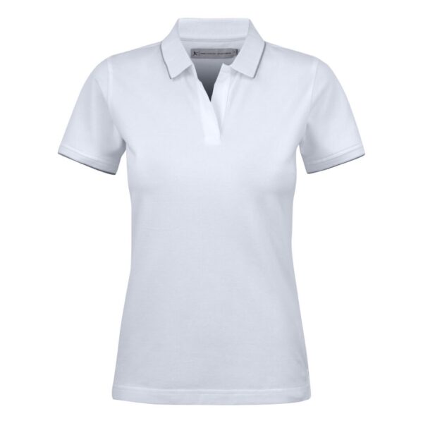 Golf Polo with logo Greenville Ladies Introducing our stylish and comfortable women's polo shirt, designed to enhance your performance on the golf course while keeping you looking and feeling your best. Crafted from high-quality materials and featuring thoughtful design details, this polo shirt is the perfect addition to any golfer's wardrobe. Our polo shirt is tailored for both style and comfort, with a classic white stripe at the collar and sleeves adding a touch of sophistication to the design. Made from a comfortable stretch material in Lacoste knit, it offers freedom of movement and flexibility, allowing you to swing with ease and confidence. The enzyme-washed finish gives the polo shirt a soft and luxurious feel, while the short placket and absence of buttons add a modern and streamlined look. The grey stripe on white polo shirts adds a subtle contrast, creating a timeless and elegant aesthetic that is sure to turn heads on the course. Magnus Business Gifts is your partner for merchandising, gadgets or unique business gifts since 1967. Certified with Ecovadis gold!