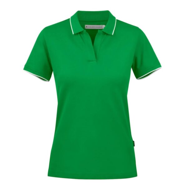 Golf Polo with logo Greenville Ladies Introducing our stylish and comfortable women's polo shirt, designed to enhance your performance on the golf course while keeping you looking and feeling your best. Crafted from high-quality materials and featuring thoughtful design details, this polo shirt is the perfect addition to any golfer's wardrobe. Our polo shirt is tailored for both style and comfort, with a classic white stripe at the collar and sleeves adding a touch of sophistication to the design. Made from a comfortable stretch material in Lacoste knit, it offers freedom of movement and flexibility, allowing you to swing with ease and confidence. The enzyme-washed finish gives the polo shirt a soft and luxurious feel, while the short placket and absence of buttons add a modern and streamlined look. The grey stripe on white polo shirts adds a subtle contrast, creating a timeless and elegant aesthetic that is sure to turn heads on the course. Magnus Business Gifts is your partner for merchandising, gadgets or unique business gifts since 1967. Certified with Ecovadis gold!