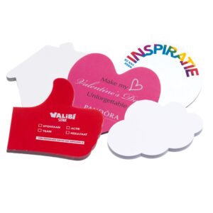 Shaped sticky notes Unleash your creativity with our custom-made sticky notes, available in any shape you desire. Whether you want your notes to resemble your logo, a favorite object, or something entirely unique, we can bring your vision to life. Gone are the days of boring square or rectangular sticky notes. Make a statement with every memo, reminder, or doodle. From hearts and stars to animals and beyond, the possibilities are endless. Each custom-shaped sticky note is made with high-quality materials, ensuring durability and reliability. The adhesive backing allows you to stick them to any surface, whether it's your desk, laptop, or refrigerator, so you never miss an important message. REQUEST A FREE QUOTE The easiest way to kick off your design process is to request a quote. In your request, you can share your idea, your deadline, and send us images of your character. MOQ required. Magnus Business Gifts is your partner for merchandising, gadgets or unique business gifts since 1967. Certified with Ecovadis gold!
